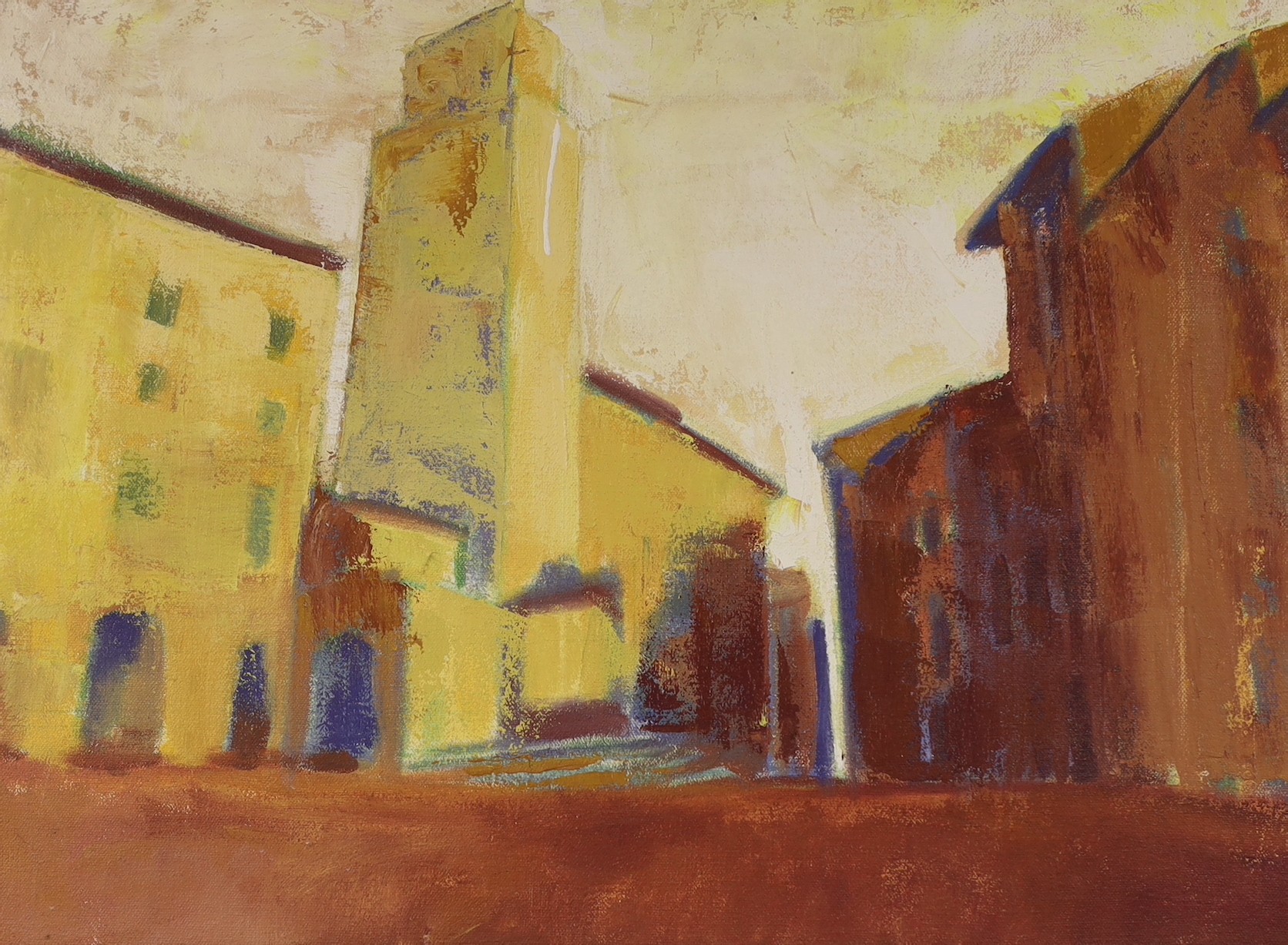 Sue Campion, R.B.A, oil on canvas, Spanish street scene, signed verso, 29 x 40cm